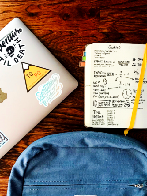 Flat lay photography of blue backpack beside book and silver MacBook