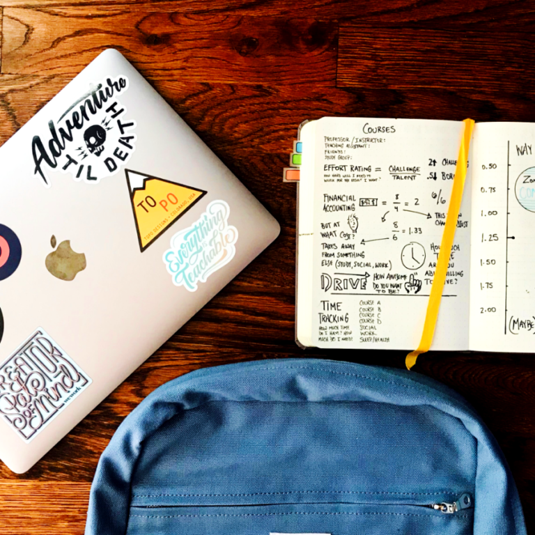 Flat lay photography of blue backpack beside book and silver MacBook