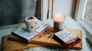 White ceramic mug on brown tray