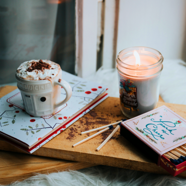 White ceramic mug on brown tray