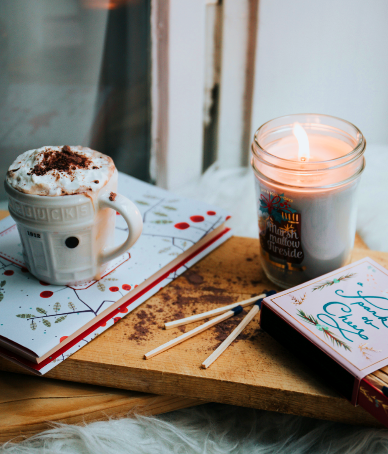 White ceramic mug on brown tray