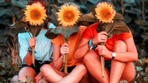 Three women holding sunflowers