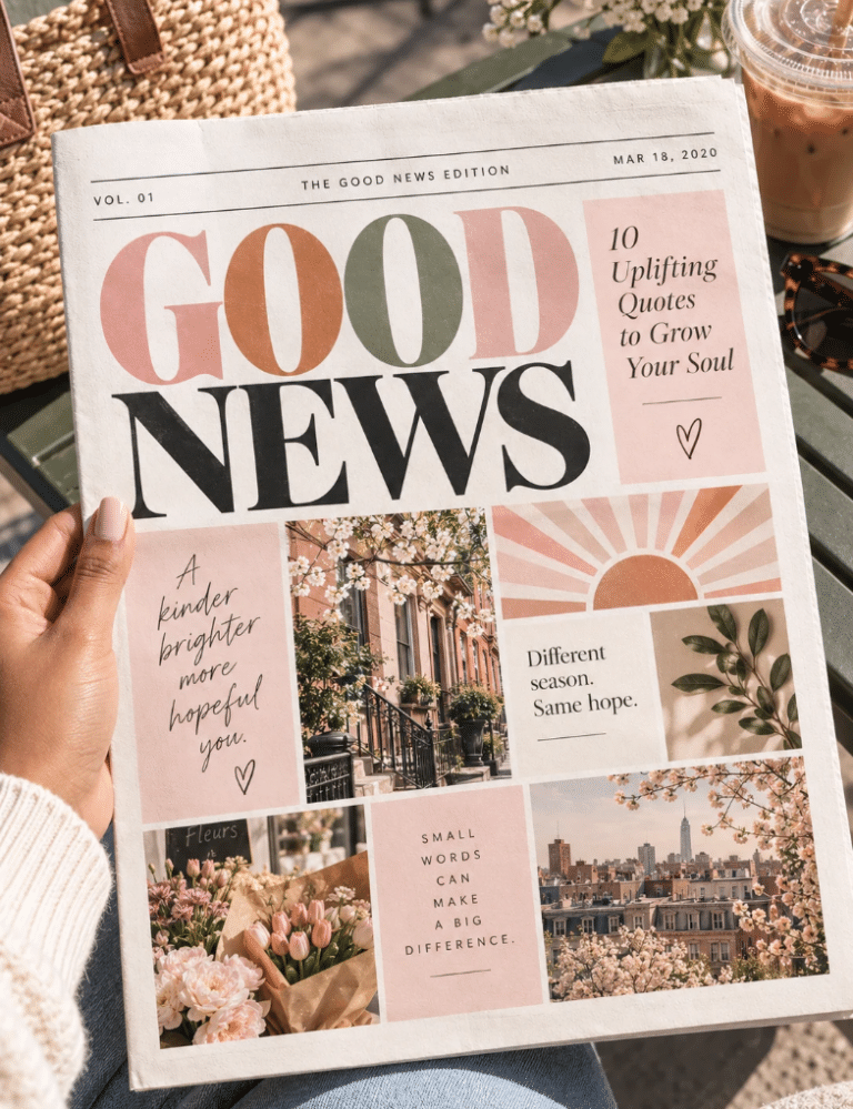 A hand holds a cream-colored newspaper featuring bold “Good News” lettering, blush pink and terracotta accents, uplifting messages, and photos of spring flowers and city streets, with a woven bag and iced coffee nearby