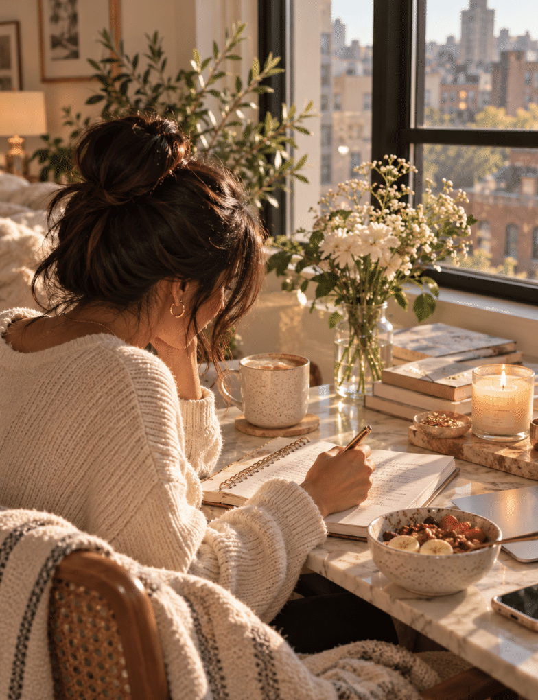 Woman journaling at a sunlit table with coffee, flowers, books, and a candle in a cozy apartment
