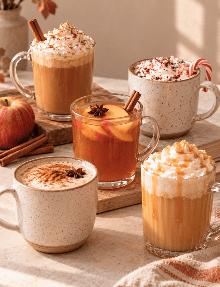Five cozy fall drinks, including pumpkin spice latte, peppermint hot chocolate, apple cider, chai latte, and a caramel-topped drink, arranged on a sunlit table with apples and cinnamon