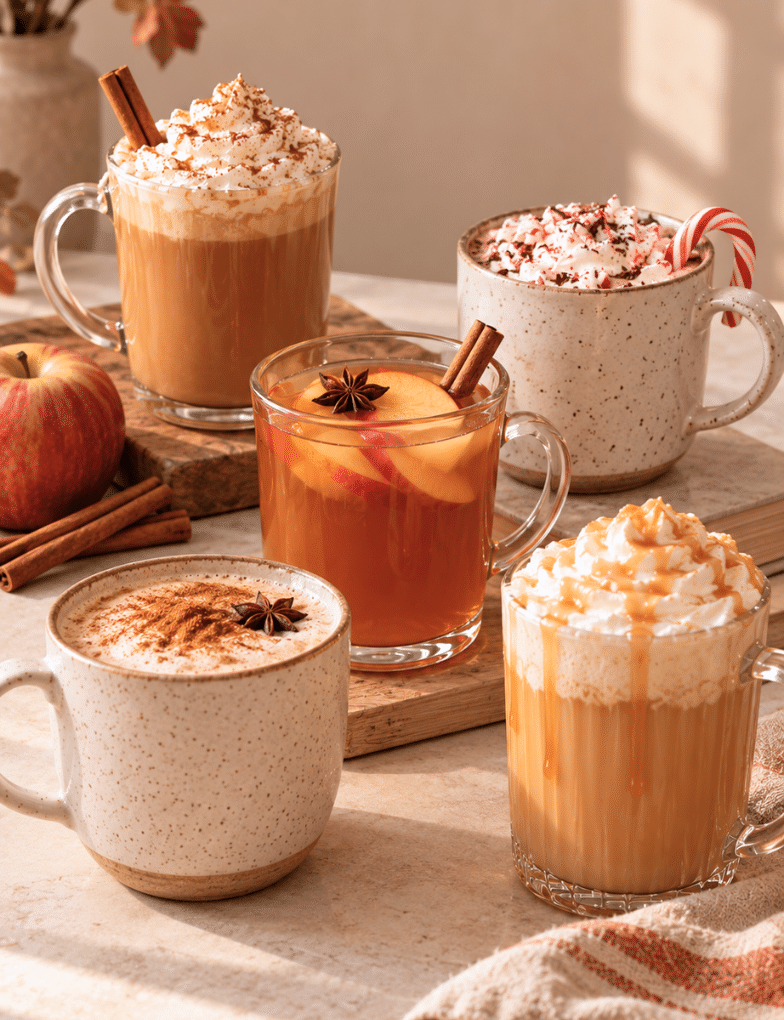 Five cozy fall drinks, including pumpkin spice latte, peppermint hot chocolate, apple cider, chai latte, and a caramel-topped drink, arranged on a sunlit table with apples and cinnamon