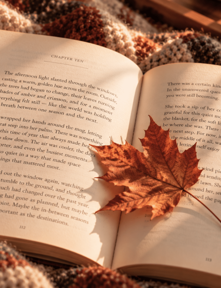 An open book rests on a cozy knit blanket in warm autumn light, with a rust-colored maple leaf lying across its pages and a mug of coffee nearby