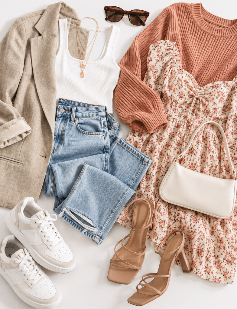 Spring outfit flat lay with neutral wardrobe essentials, floral dress, light wash jeans, and accessories