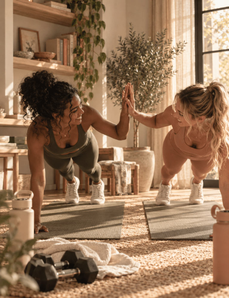 Two women high fiving while doing pushups