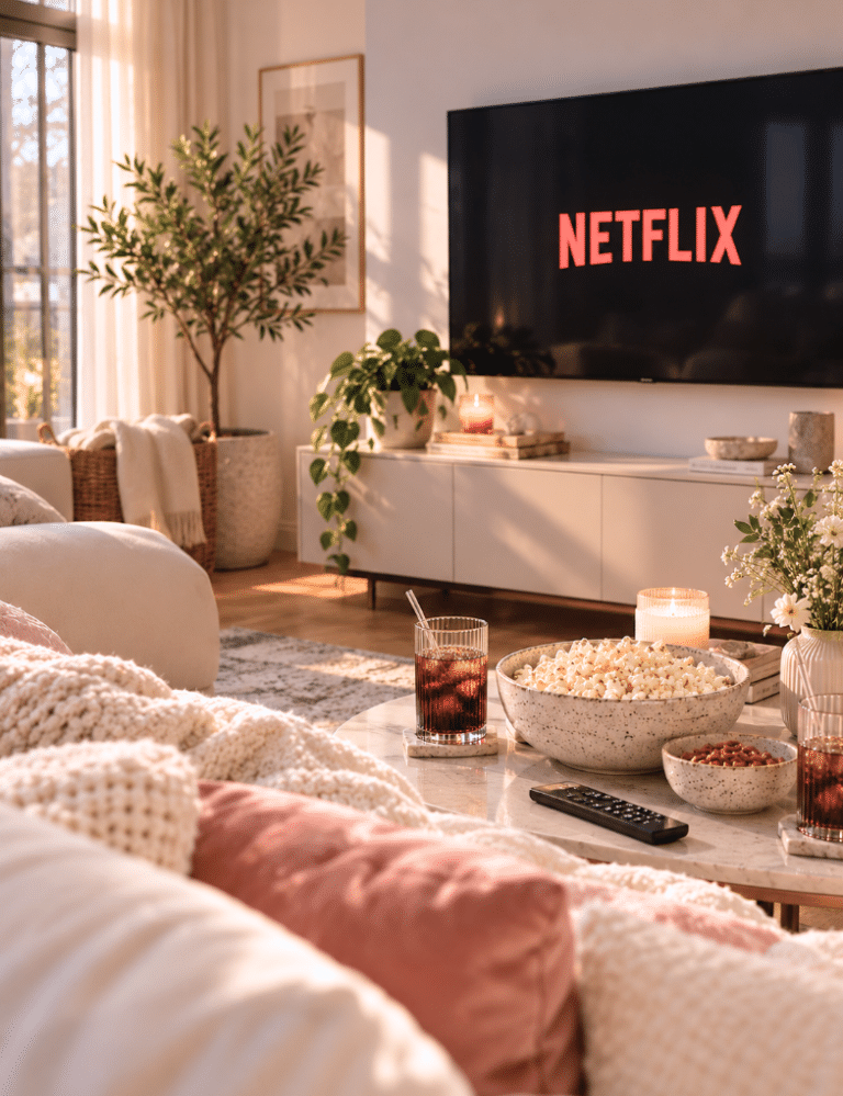 A cozy living room with Netflix on the TV, cream seating, blush pillows, and a coffee table set with popcorn and drinks