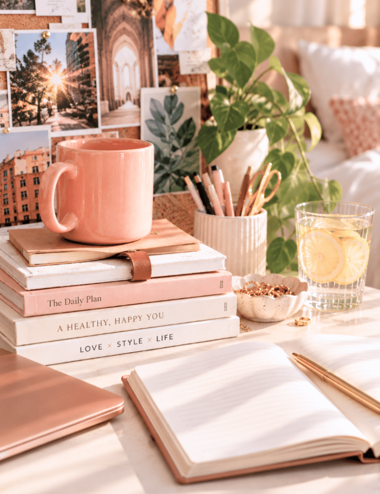 A sunlit desk with an open notebook and gold pen, a coral mug resting on a stack of books, a leafy houseplant, and a glass of lemon water in a warm, peach-toned workspace