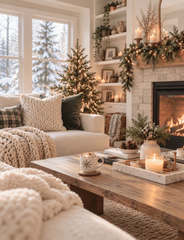A cozy winter living room decorated with a lit Christmas tree, evergreen garlands, candles, chunky knit blankets, and neutral pillows, with a glowing fireplace and snow-covered trees visible through the windows