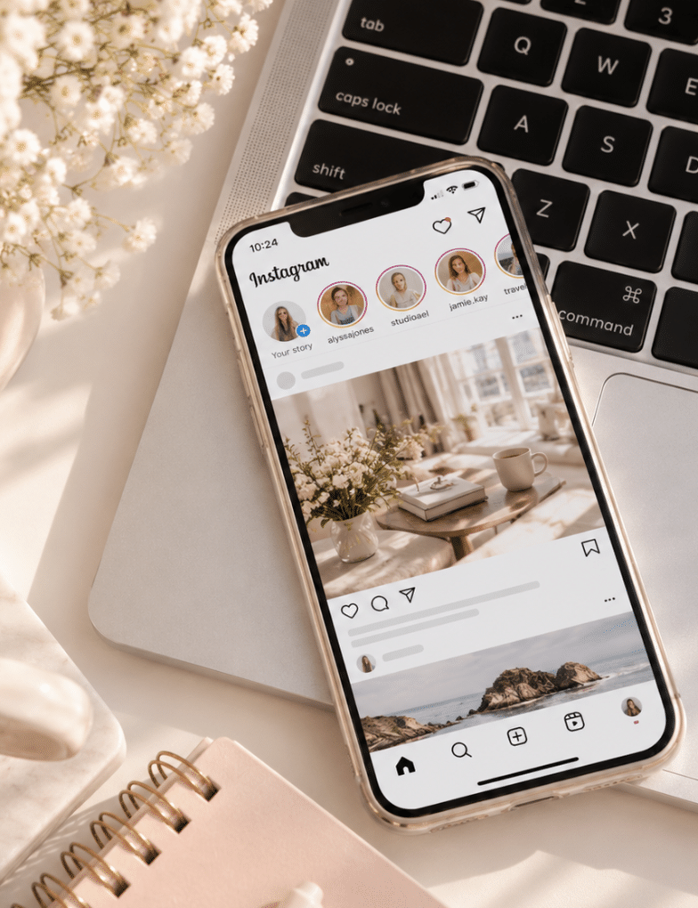 A smartphone displaying Instagram rests on a silver laptop beside a cup of coffee, blush-pink notebook, and soft cream flowers in warm natural light
