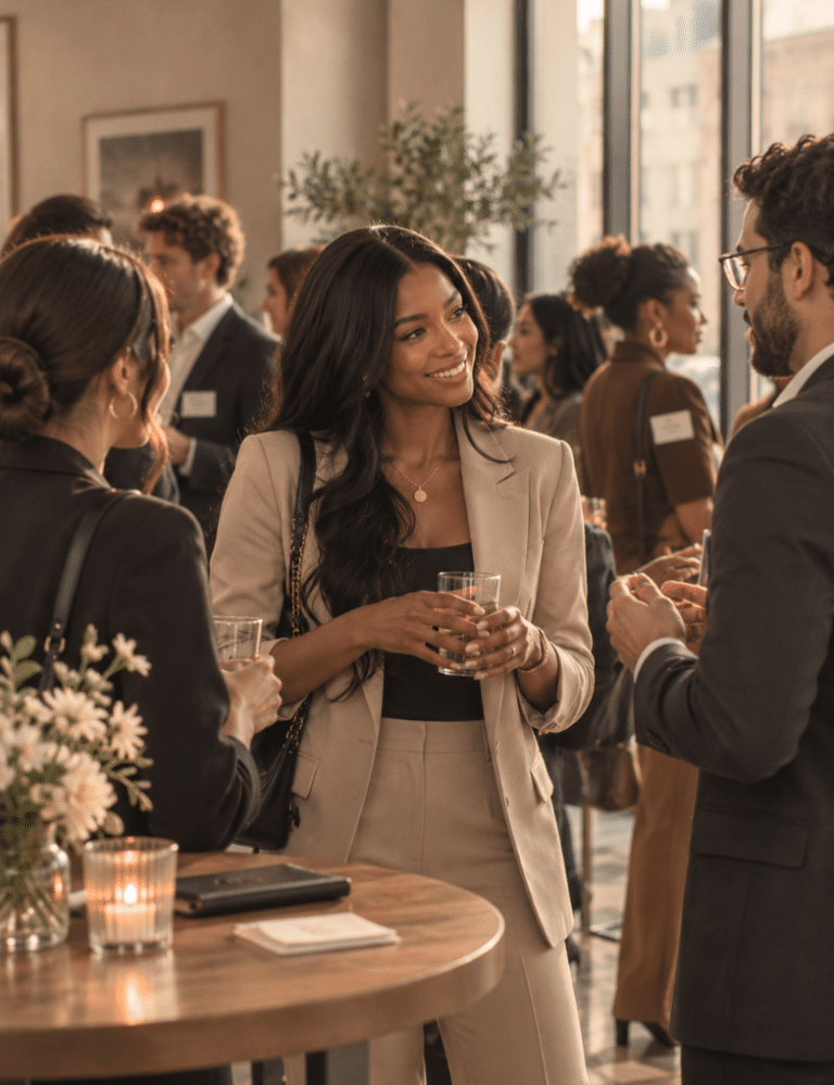 A Black woman in a beige suit chats with other professionals at a networking event in a warmly lit venue with large windows and cocktail tables
