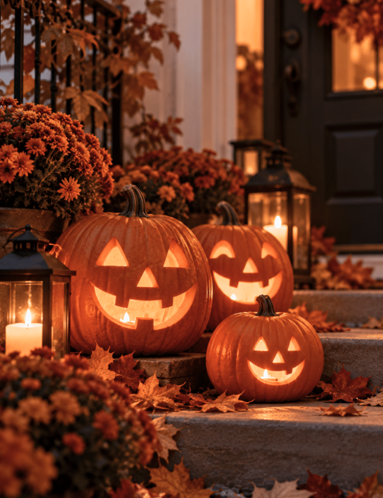 Three glowing jack-o’-lanterns sit on a front porch surrounded by autumn leaves, orange mums, and warm lanterns at dusk