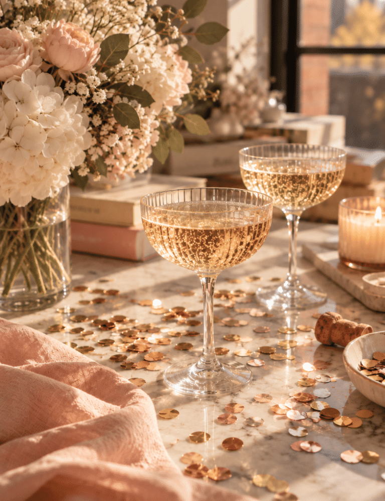 Two champagne coupes surrounded by gold and rose-gold confetti, blush and ivory flowers, candles, and pastel books on a sunlit marble table