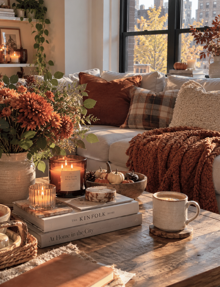 Cozy fall living room with rust-colored pillows, a chunky knit blanket, candles, pumpkins, autumn flowers, and a warm cup of coffee beside a sunlit window