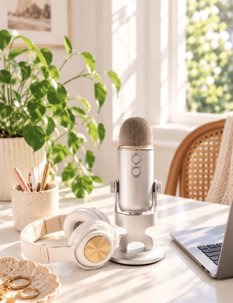 A silver microphone and cream-and-gold headphones sit on a sunlit desk beside a laptop, a leafy green plant, and a ceramic tray of jewelry in a bright, cozy home studio