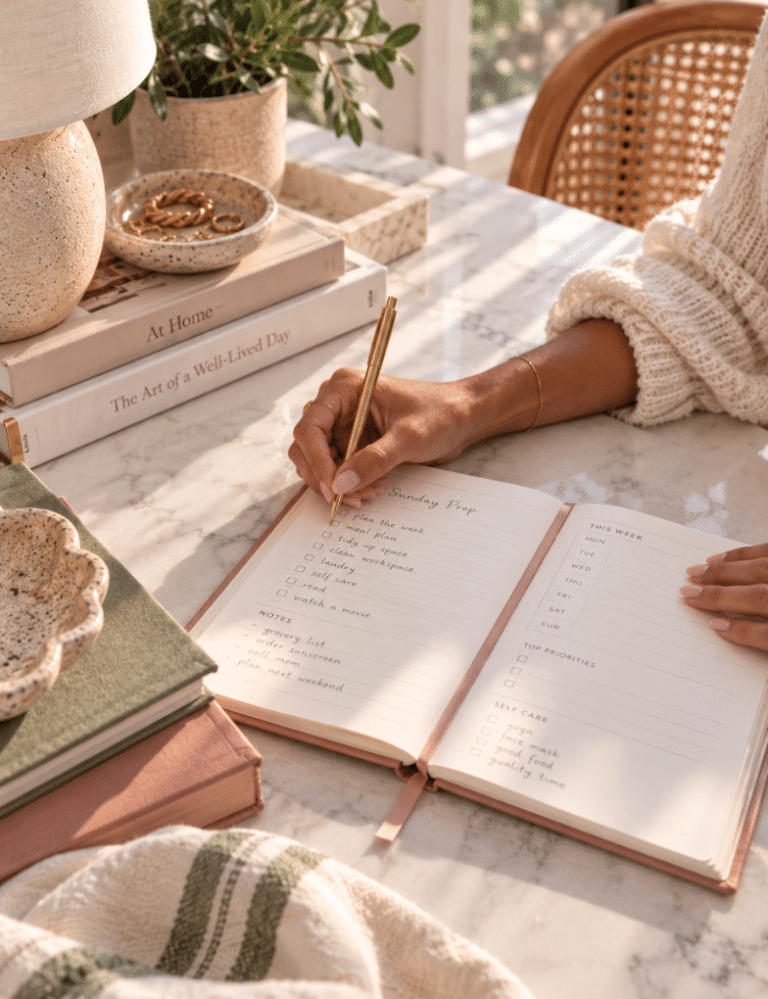 A woman in a cream knit sweater writes in an open blush planner with a gold pen at a sunlit desk, surrounded by stacked books, a small potted plant, gold jewelry, and soft green and pink accents
