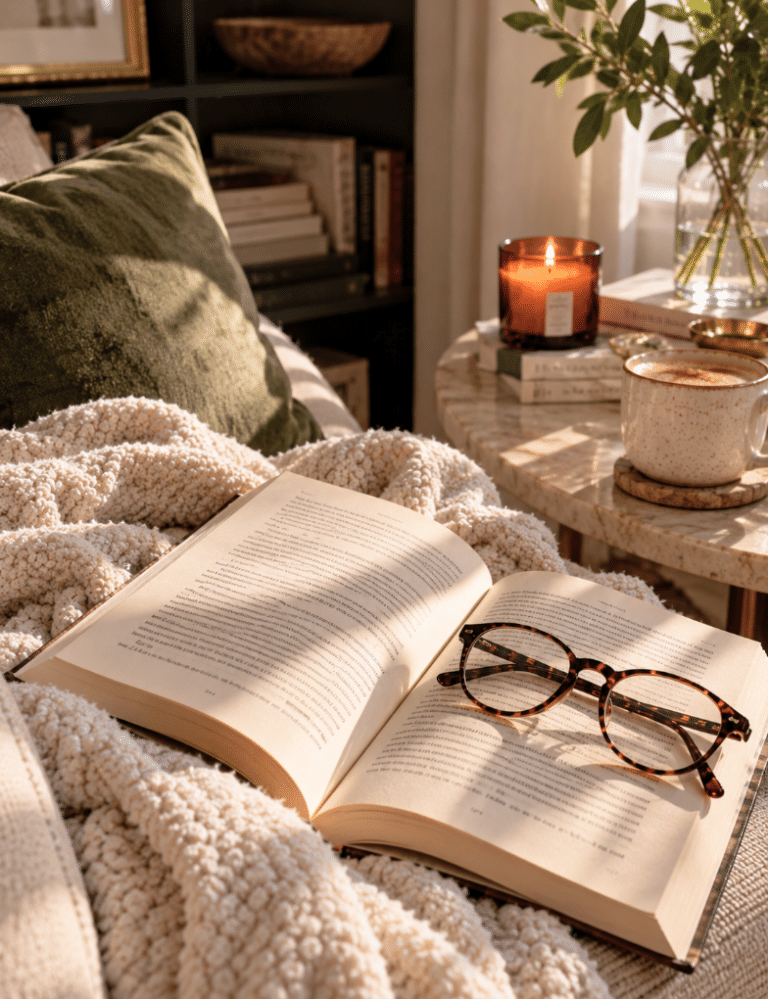 An open book with tortoiseshell reading glasses rests on a cream knit blanket beside a latte, glowing amber candle, and greenery in warm afternoon sunlight
