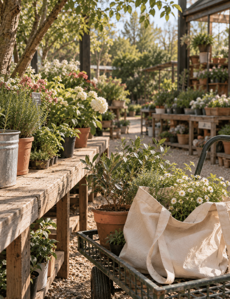 A sunlit garden nursery with potted plants, herbs, and flowers arranged on rustic wooden benches, with a cream canvas tote filled with greenery in the foreground